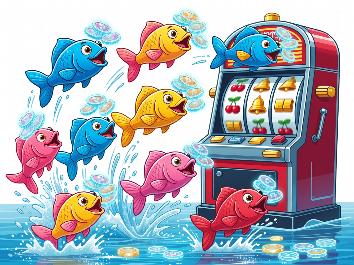 A golden crown resting on a colorful fish character celebrating slot match wins