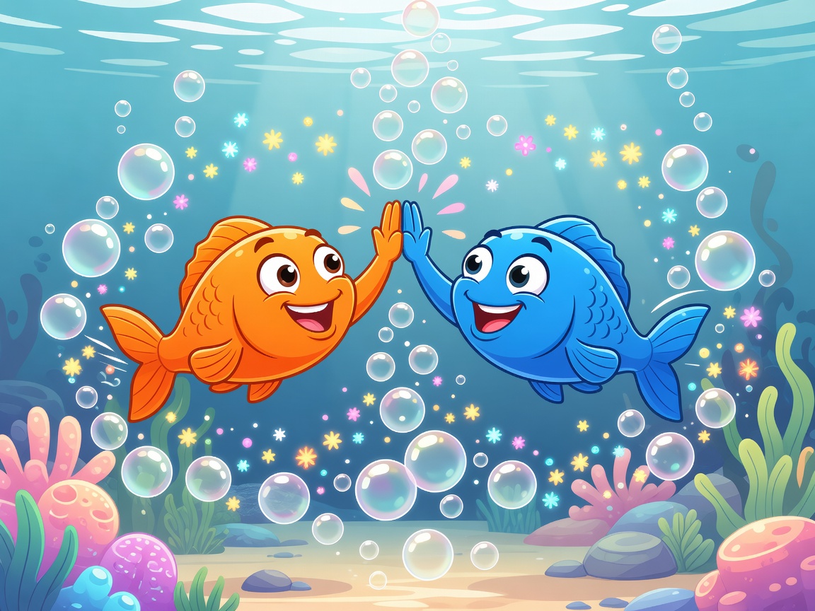Cartoon blue marlin and orange fish doing high five amidst bubbles