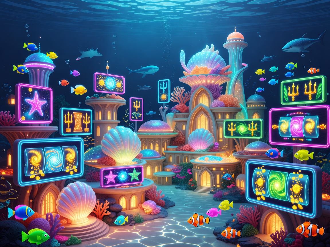 Radiant neon-lit underwater palace representing the ultimate Atlantis social casino lobby