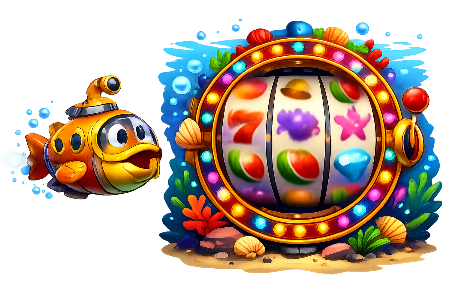 Vibrant cartoon aquatic slot machine interface set underwater featuring reef graphics