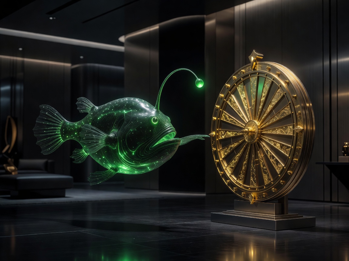 Illuminated neon green angler fish presenting a spinning prize wheel