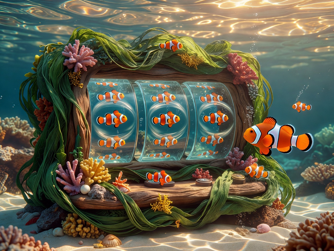 A colorful clownfish graphic set on virtual casino spinning reels layout