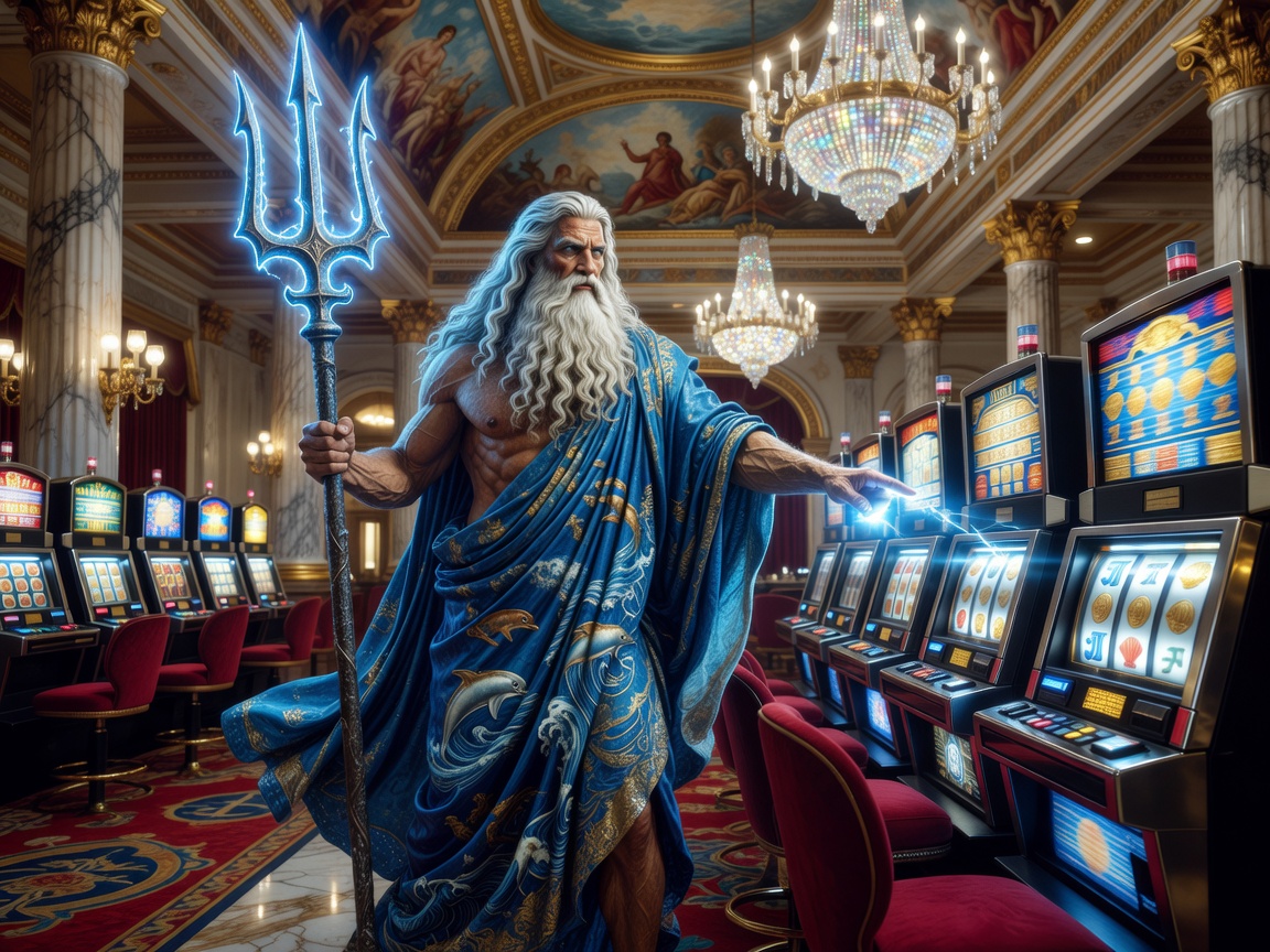 God Poseidon character holding a powerful glowing trident for legendary slot match