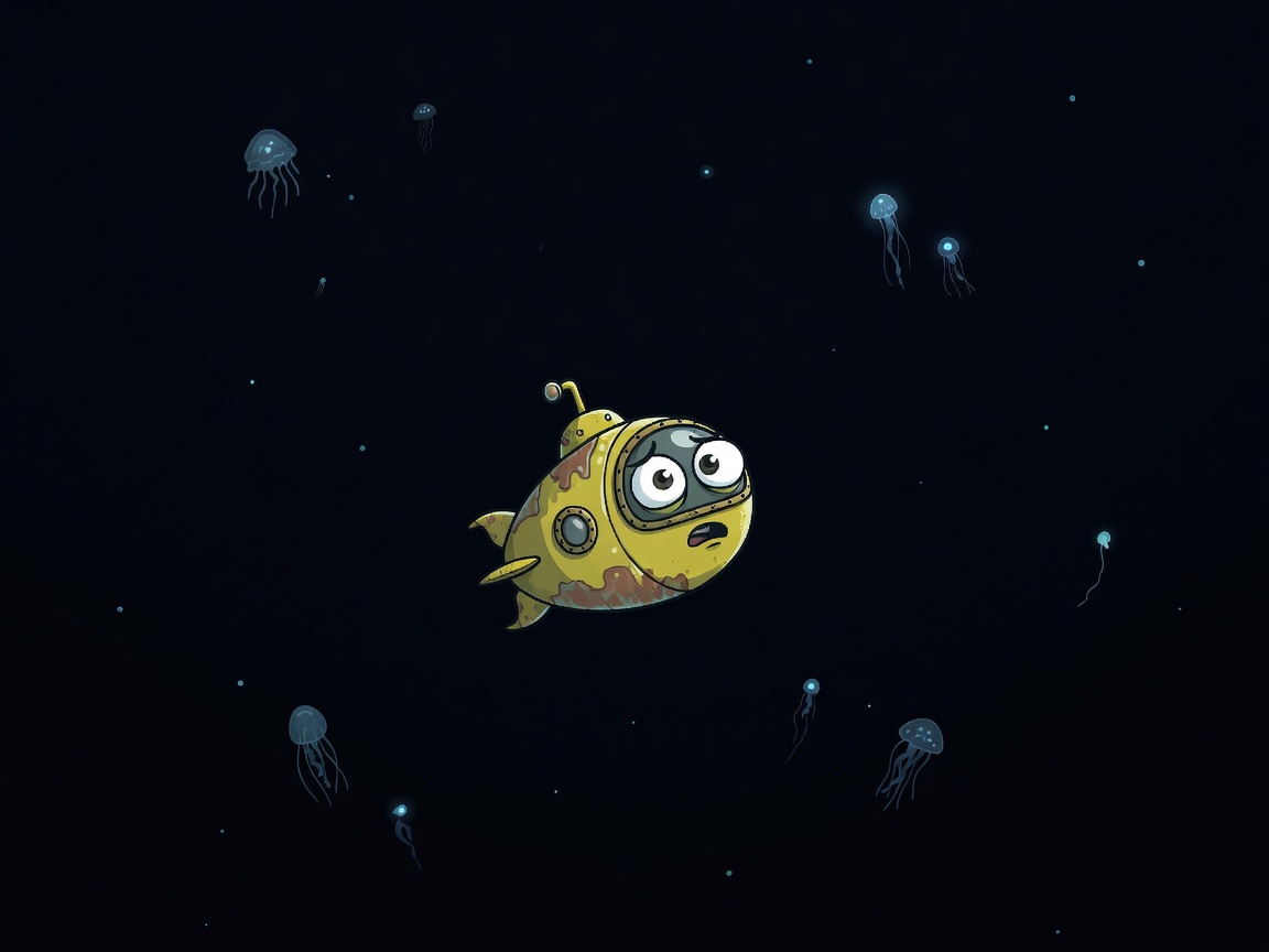 Lost cartoon submarine searching for pathway in dark depths