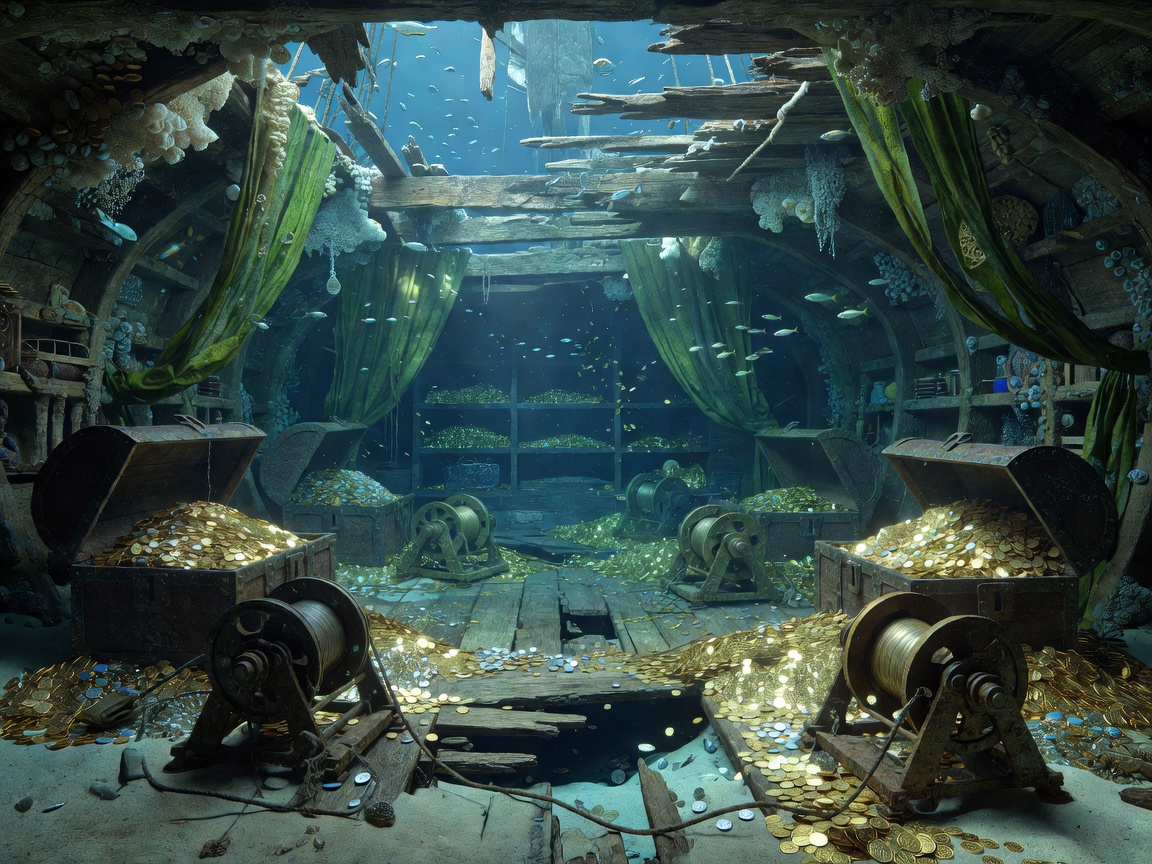 Sunken galleon ship graphic featuring underwater virtual treasure chest icons